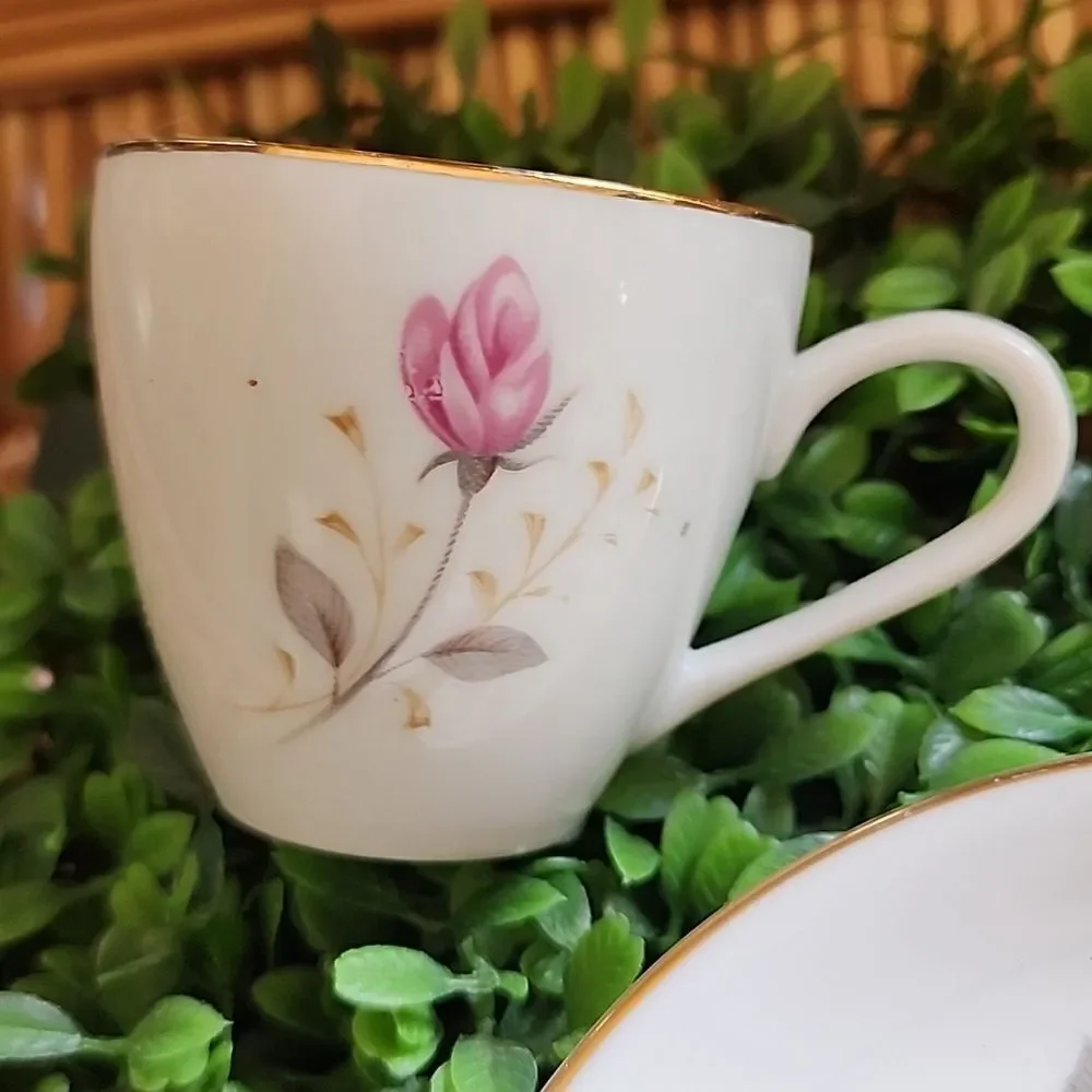 Vtg Feminine Floral Abalone China Flamingo Rose Demitasse Teacup & Saucer